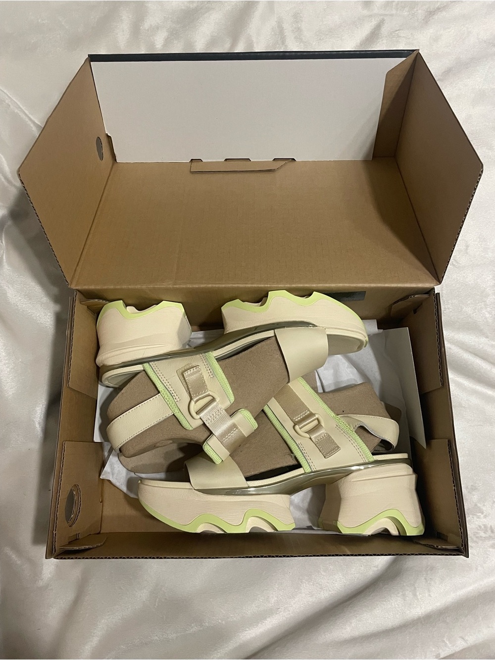Sorel Kinetic Impact Slingback Heel Sandals in Cream and Lime Green - Picture 6 of 7